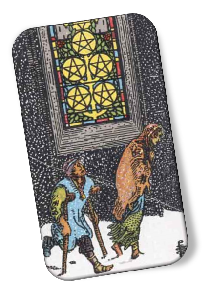 Five of Pentacles Rider Waite image description