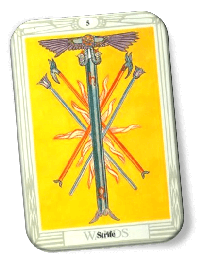 Analyze and describe 5 of Wands Thoth Tarot