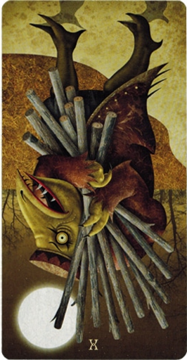 reversed meaning of Ten of Wands Deviant Moon Tarot