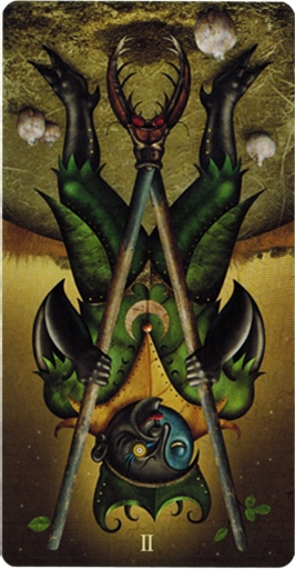reversed meaning of Two of Wands Deviant Moon Tarot