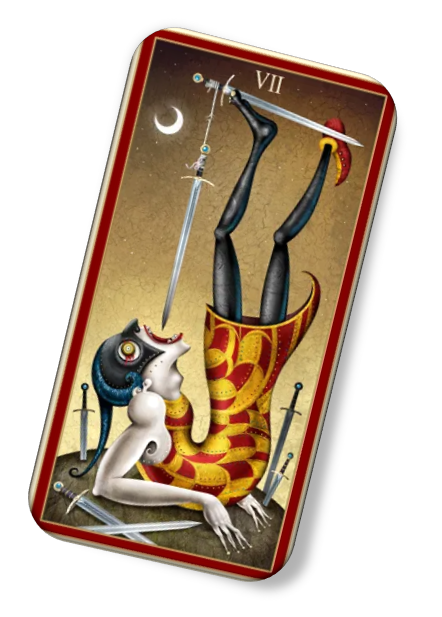 Description of Seven of Swords Deviant Moon Tarot