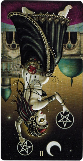 reversed meaning of Two of Pentacles Deviant Moon Tarot