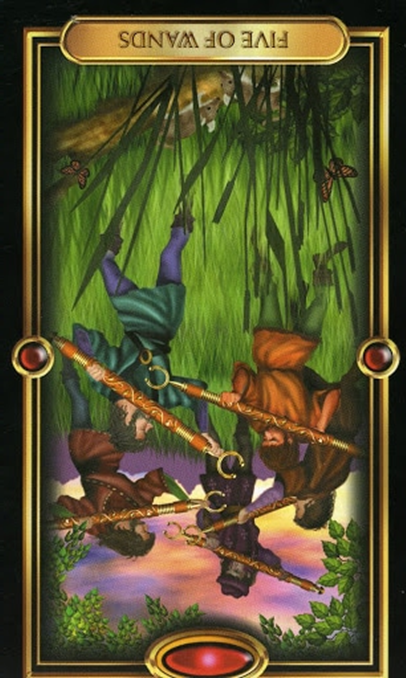 reversed five of wands gilded tarot