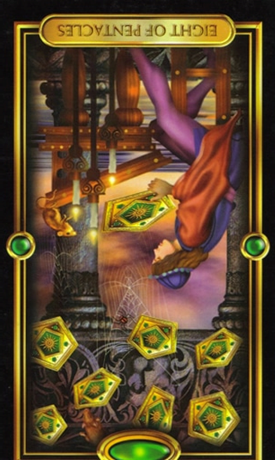 reversed eight of pentacles gilded tarot