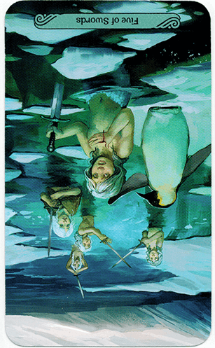 Meaning of Five of Swords Mermaid Tarot in the reversed position