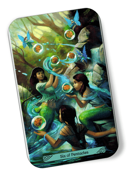 Image description on Six of Pentacles Mermaid Tarot