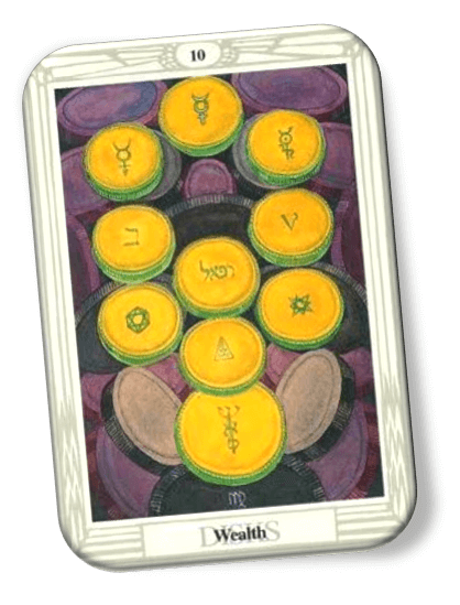 Analyze and describe 10 of Disks Thoth Tarot