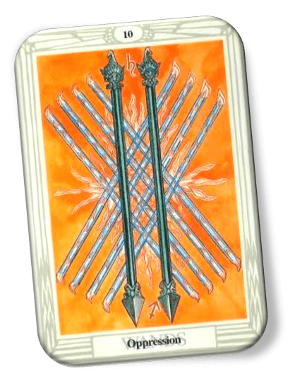 Analyze and describe 10 of Wands Thoth Tarot
