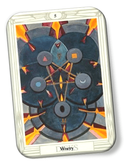Analyze and describe 5 of Disks Thoth Tarot