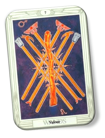 Analyze and describe 7 of Wands Thoth Tarot