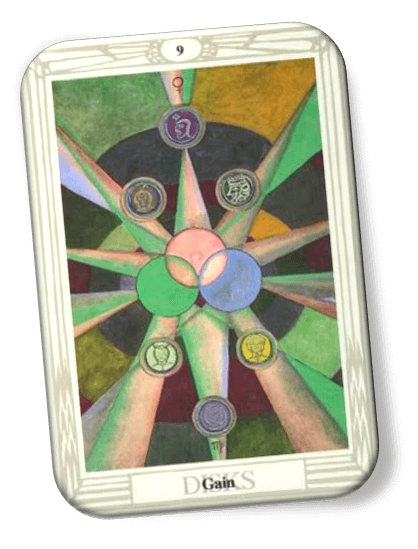 Analyze and describe 9 of Disks Thoth Tarot