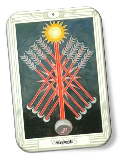 Analyze and describe 9 of Wands Thoth Tarot