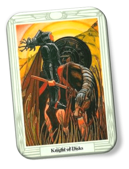 Analyze and describe the Knight of Disks Thoth Tarot