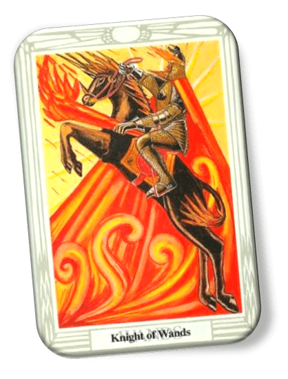 Analyze and describe the Knight of Wands Thoth Tarot