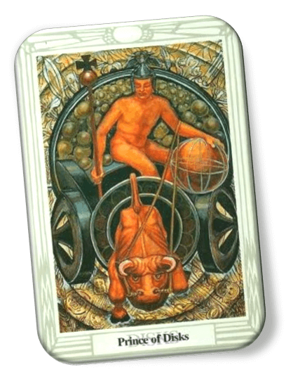 Analyze and describe the Prince of Disks Thoth Tarot